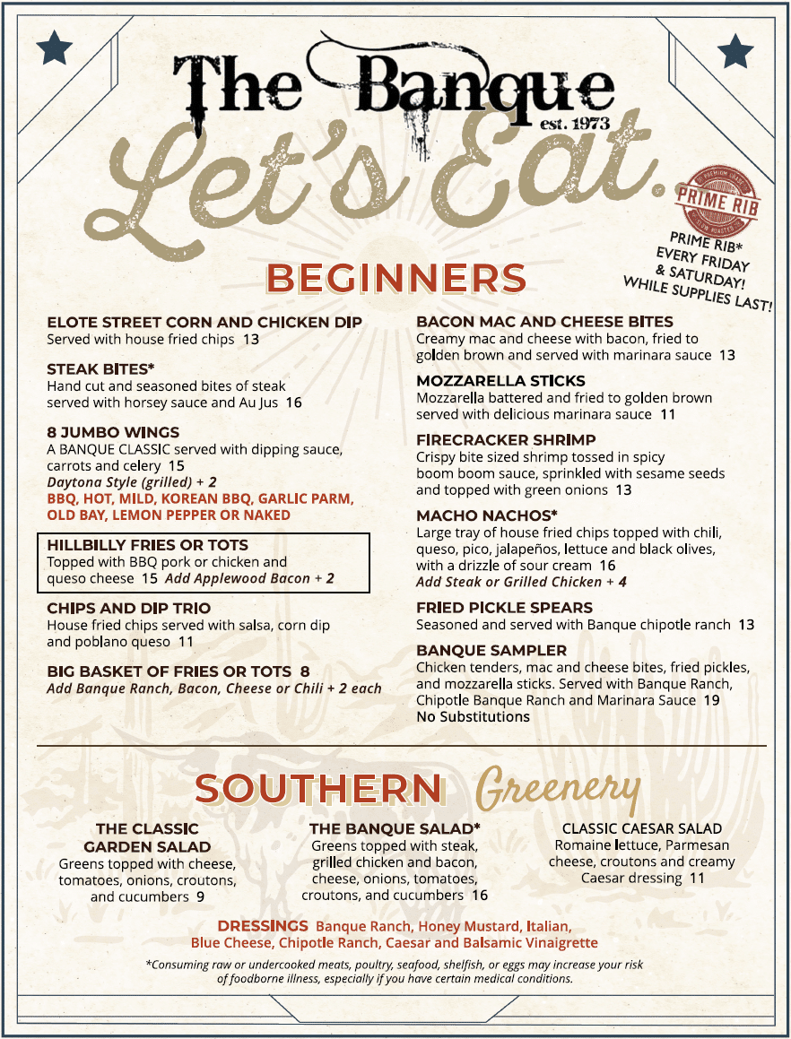 The Banque food menu — beginners and Southern greenery