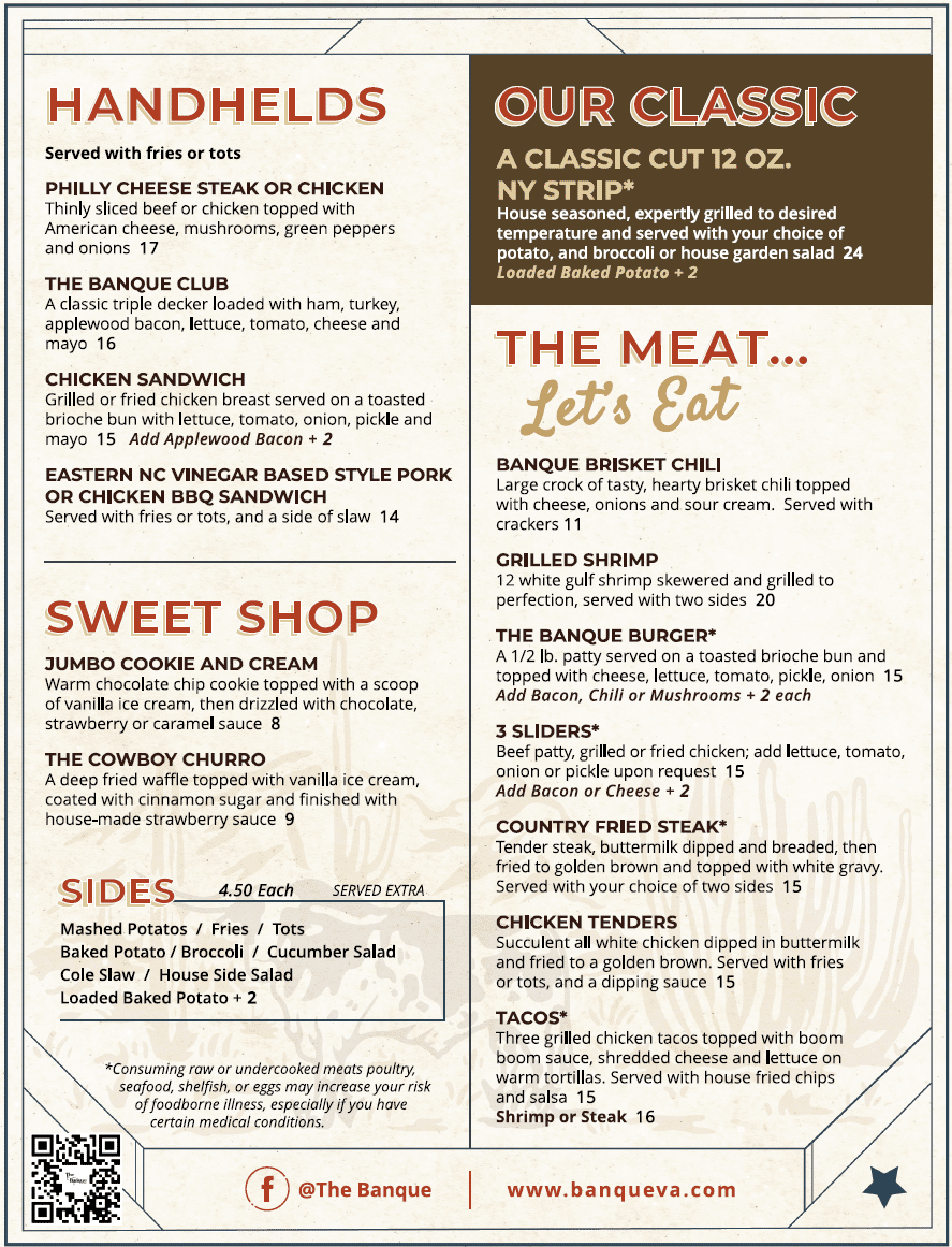 The Banque food menu — handhelds, entrées, desserts and sides